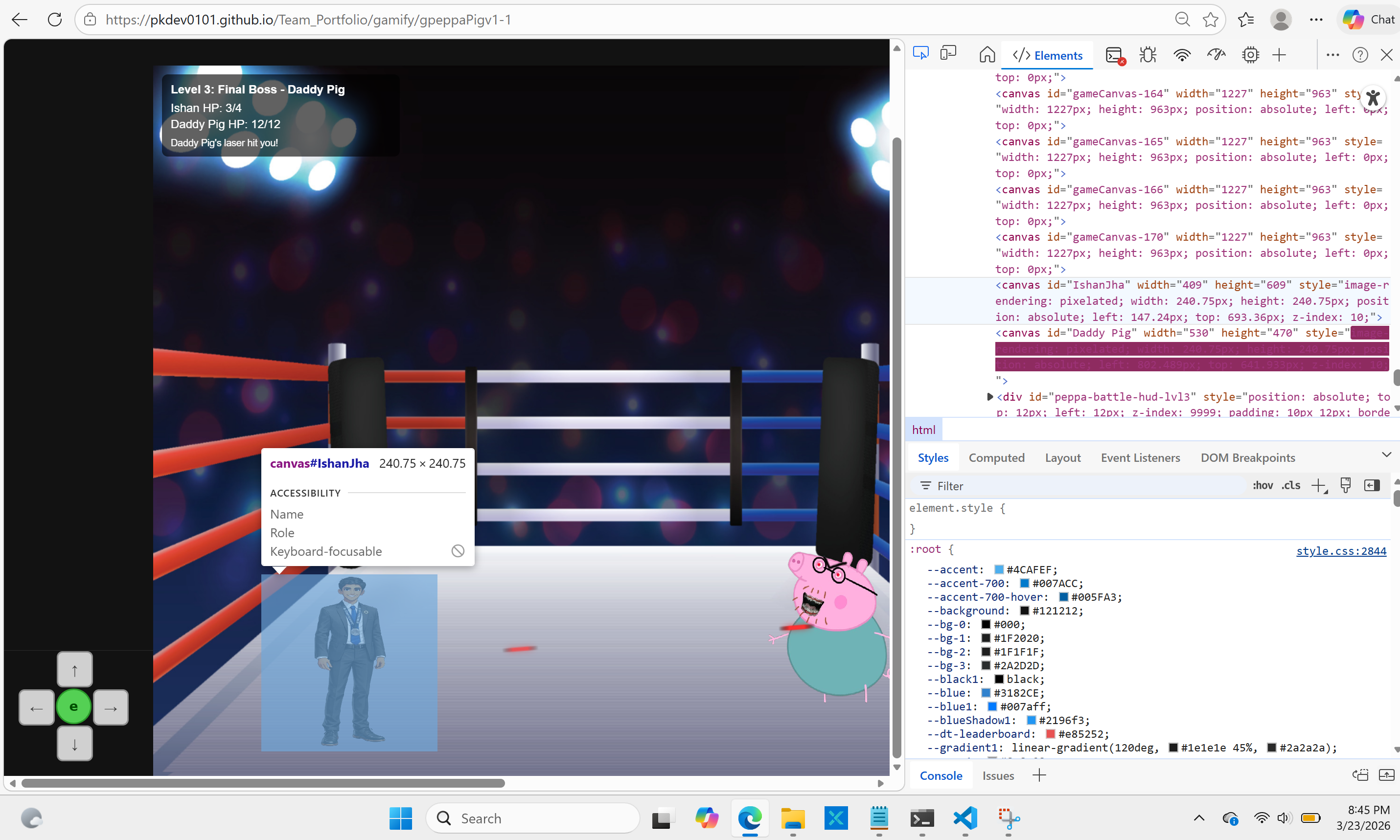 Chrome DevTools screenshot showing canvas inspection and debugging for the game